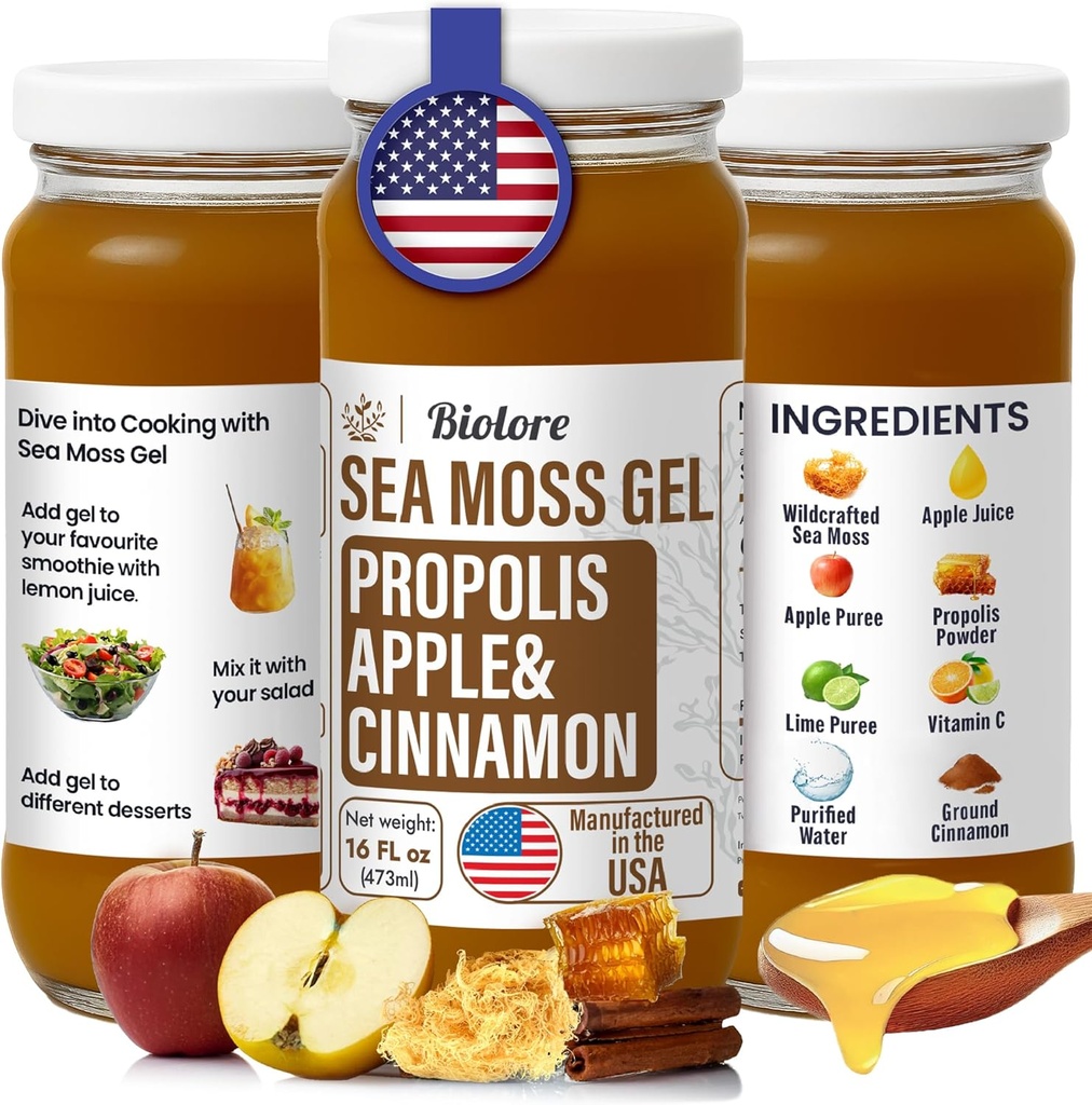 Biolore Wildcrafted Sea Moss Gel mit Propolis - Apple & Cinnamon 16 Unze - Flavored Sea Moss Gel mit essentiellen Vitaminen & Trace Minerals - Vegan Superfood - Made in USA, Gluten-Free, No Added Sugar