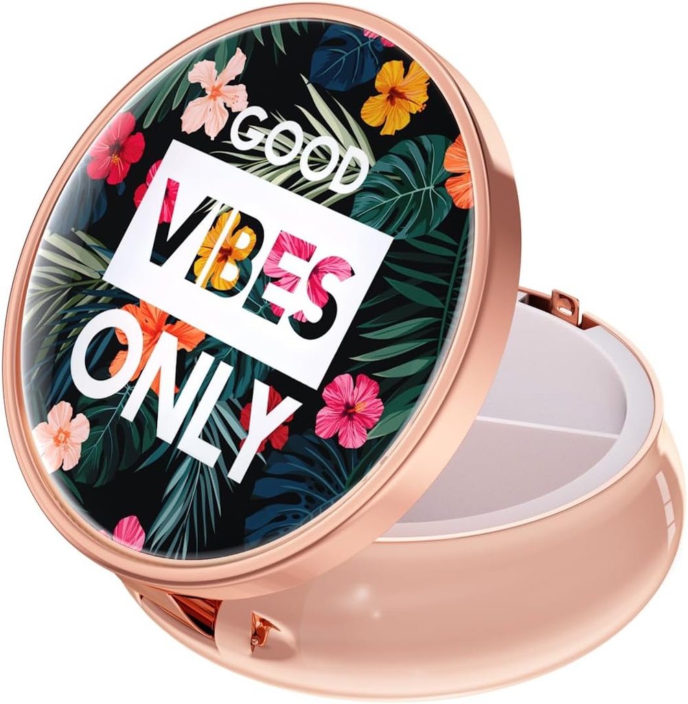 Rouidr Pill Box, 3 Compartment Medicine Pill Case, Small Metal Travel Medicine Box for Purse & Pocket, Rose Gold, Flowers Good Vibe