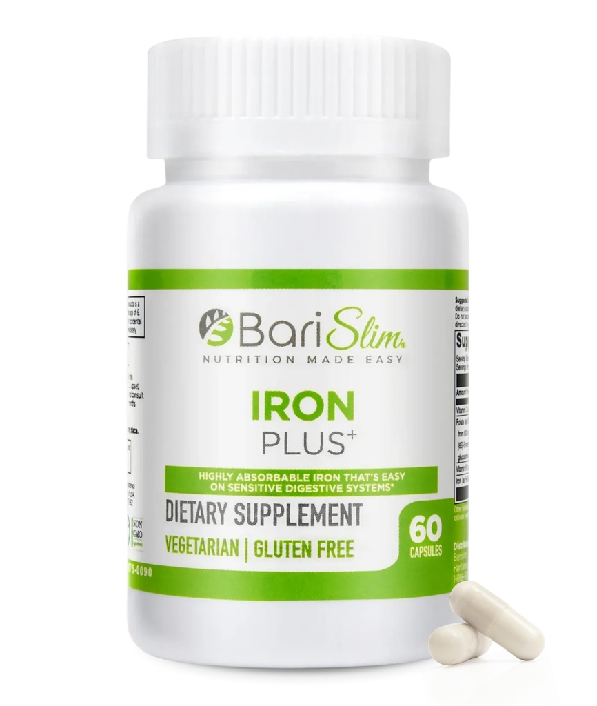 BariSlim Iron Plus Kapseln - Formuliert für Patienten nach Weight Loss Surgery inklusive Magen-Bypass & Magen-Hülle – Einfache Verdauung & umfassende Gesundheitsunterstützung | 2 Monate Versorgung (60 Servierungen)