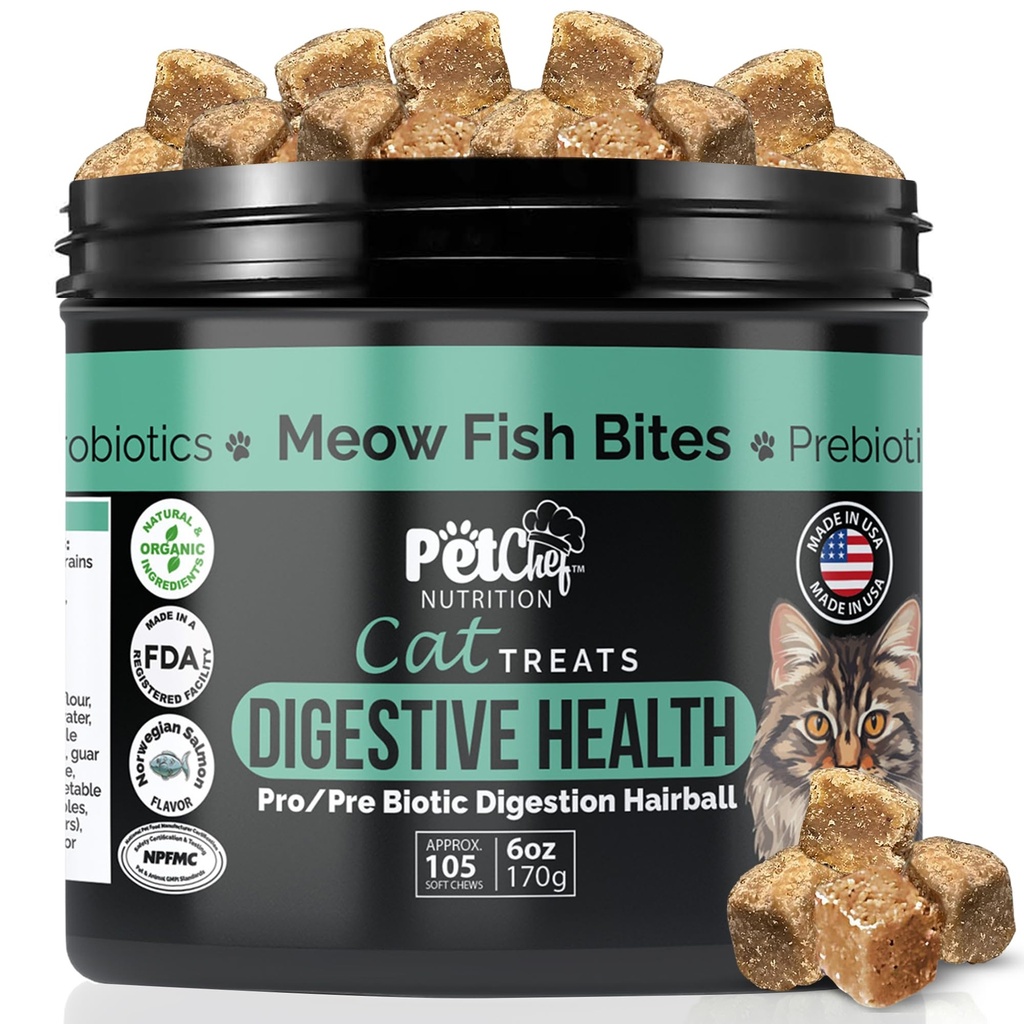 Pet Chef Meow Bites: Premium Pro & Prebiotic Digestion Cat Treats - Verbesserung der Verdauung - Bessere tan Fortiflora Probiotics für Katzen - stoppt Cat Vomiting All Ages