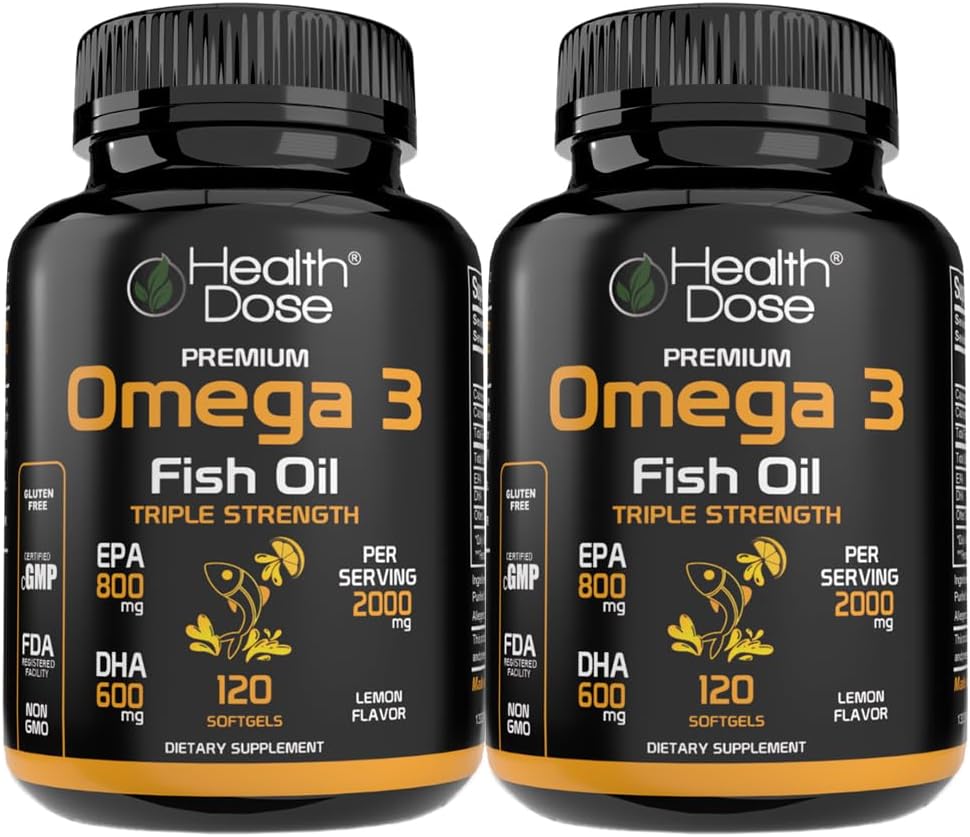 Health Dose Omega 3 Fish Oil – Lemon-Flavored Softgels mit EPA & DHA für Gehirn, Herz und Wellness-Unterstützung – einfach zu verstauen, keine Fish Burps – 120 Softgels, Paket von 2
