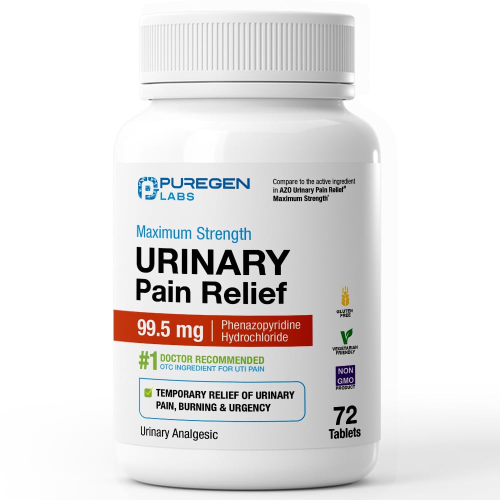 Puregen Labs Urinary Pain Relief | Phenazopyridin HCl 99.5mg Tabletten | Maximale Stärke OTC für schnelles Relief von UTI Schmerzen, Brennen und Blasen Beschwerden – 72 Zähler Tabletten