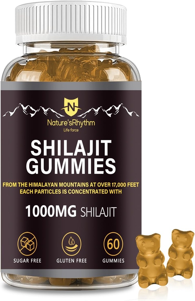 Nature's Rhythm Shilajit Gummies 1000mg - 60 pcs de Shilajit Gummies pour hommes et femmes, Shilajit Gummies riches en divers minéraux de traces, un supplément pour stimuler l'énergie et l'immunité