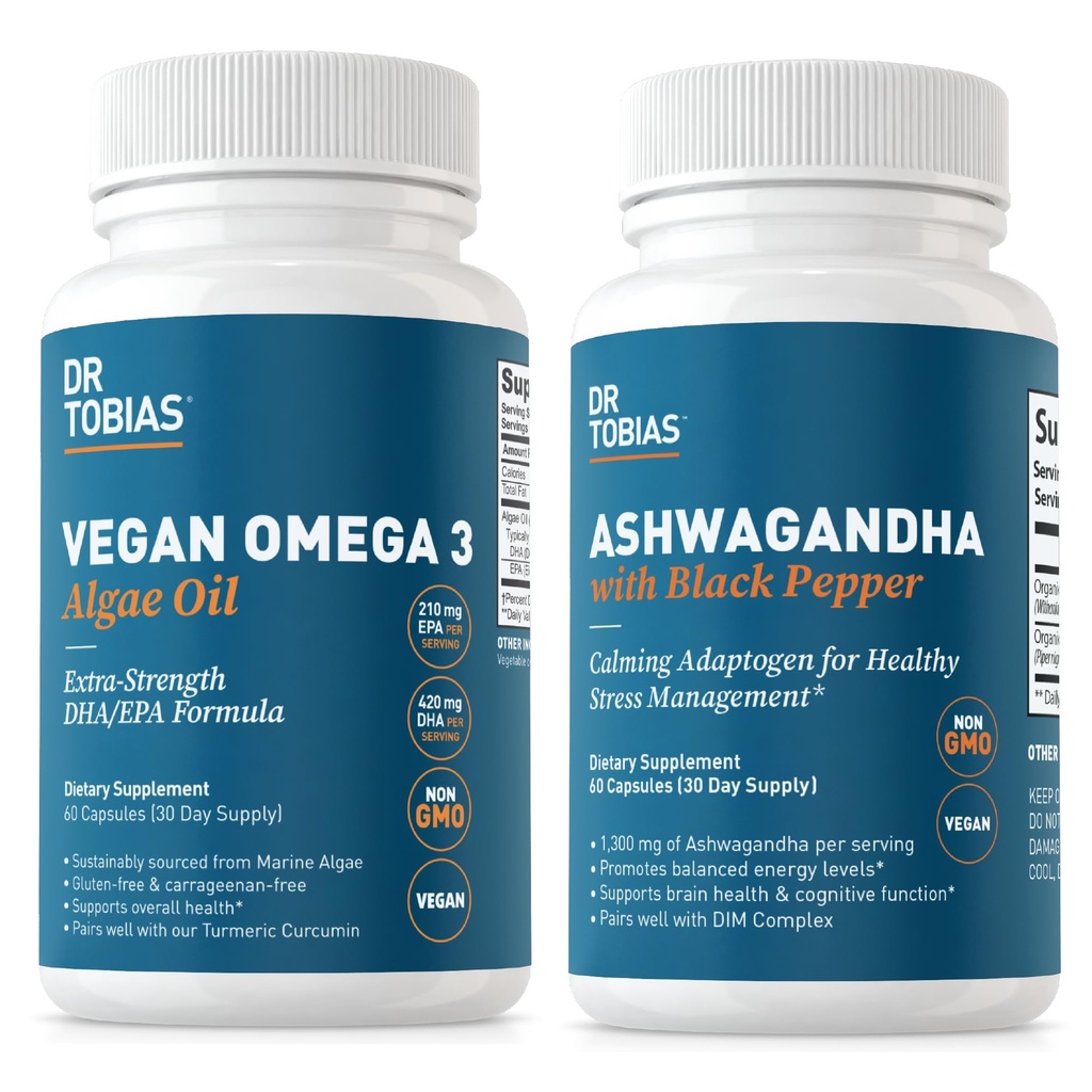 Dr. Tobias Vegan Omega 3 Algae Öl und Ashwagandha Kapseln, unterstützt Resilienz, Immungesundheit und allgemeine Wellness, Non-GMO, Vegan