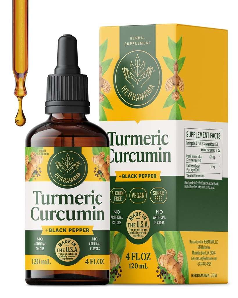 HERBAMAMA Turmeric Liquid Drops - Vegan Immun-, Verdauungs- und Mobilitätsunterstützung mit Kurkuma mit schwarzem Peppe-Extrakt - Non-GMO, Alkohol & Sugar-Free Antioxidant Supplement - 56-Day Supply
