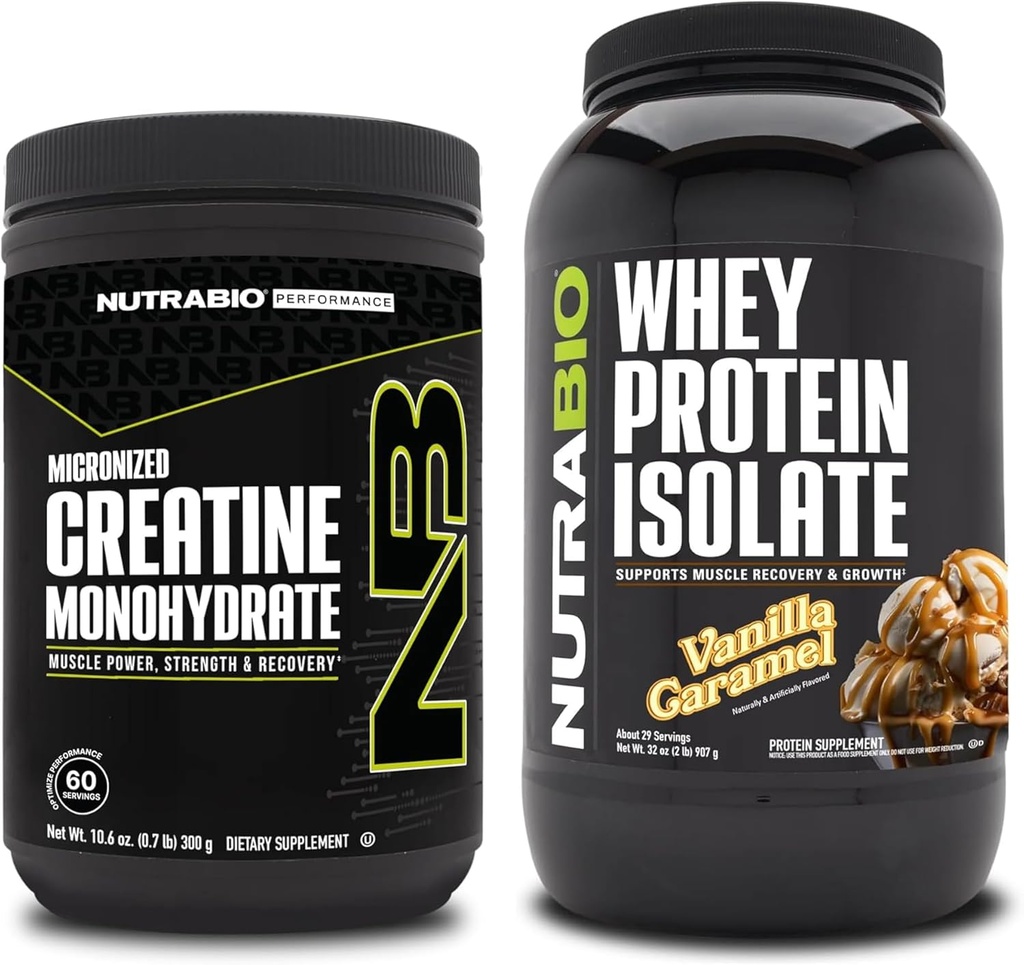 NutraBio Creatine Monohydrat, Unflavored, 300g und Whey Protein Isolate, Vanilla Caramel, Supplement Bundle - Muskelenergie, Lean Muskelwachstum, Erholung und Stärke