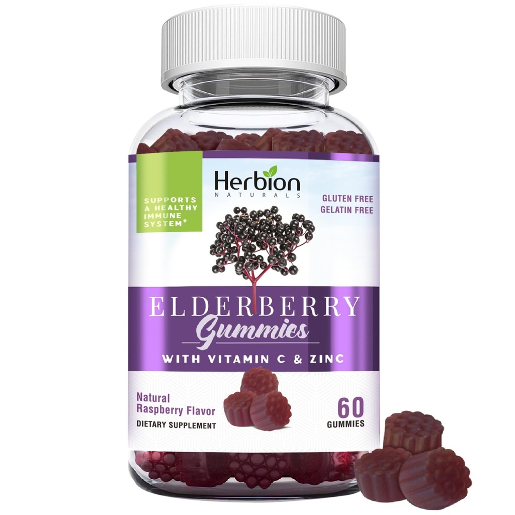 HERBION Elderberry Gummies mit Vitamin C & Zinc - Gesunde Immunsystemunterstützung - Glutenfrei & Gelatinfrei - 60 Gummi für Erwachsene & Kinder 4 Jahre & höher - Made in USA, 60 Count (Pack von 1)