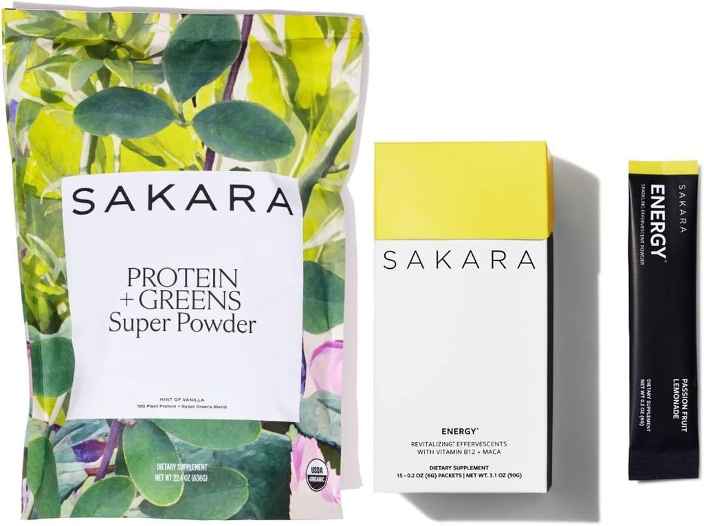 SAKARA Protéines + Verts Super Poudre et Energie Effervescent - Protéines organiques Poudre et Verts Poudre, Poudre d'électrolytes sans sucre raffiné