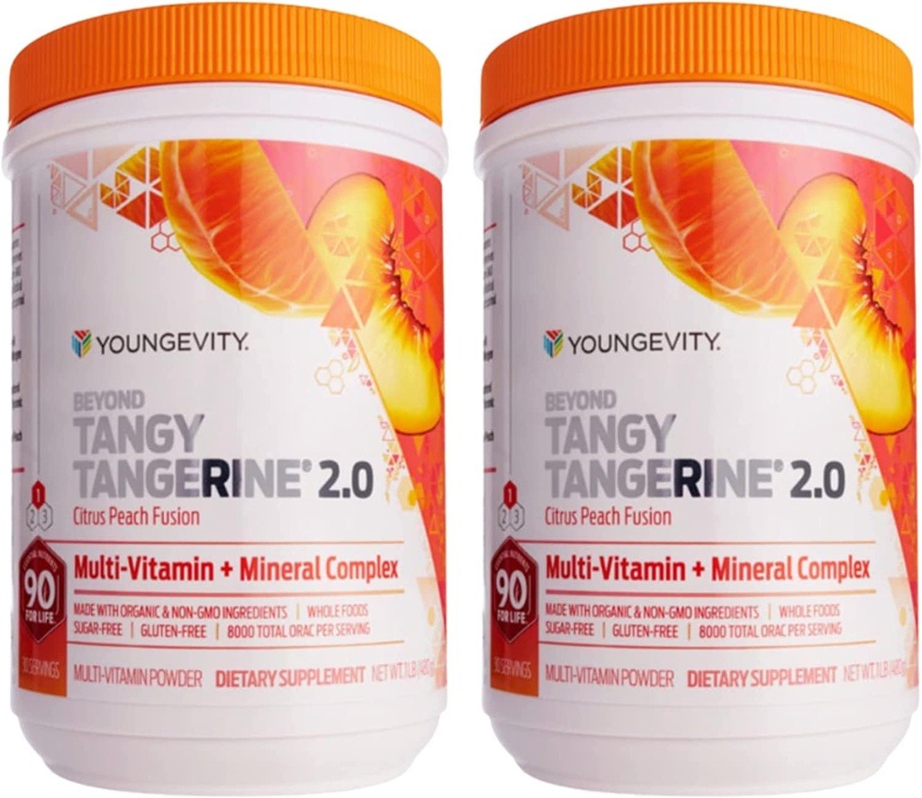 Youngevity Beyond Tangy Tangerine 2.0 Citrus Peach Ultimate Multi-Vitamin & Mineral Complex - Made with Natural & Whole Foods | 8.000 ORAC | 2 Canisters