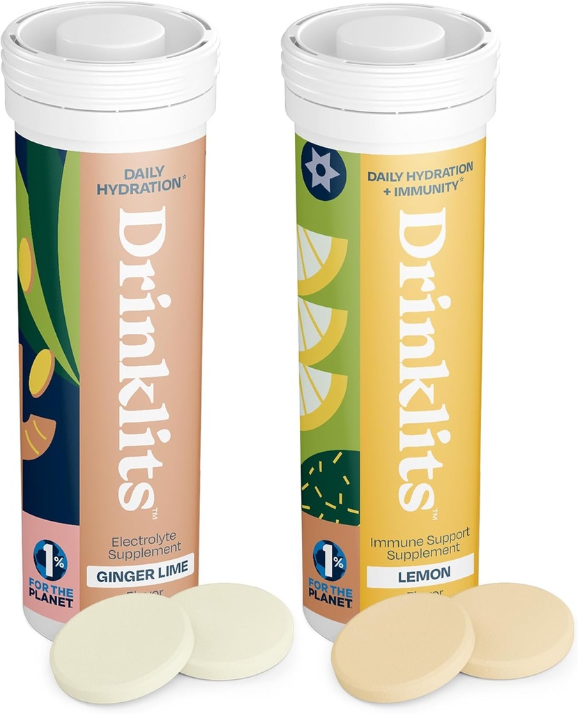 Drinklits Ginger-Lime Hydration & Lemon Immununterstützung (2) Tube Combo Pack | Great Taste – Daily Electrolytes – Essential Vitamins | 20 Portionen (10 Tabletten pro Tube)