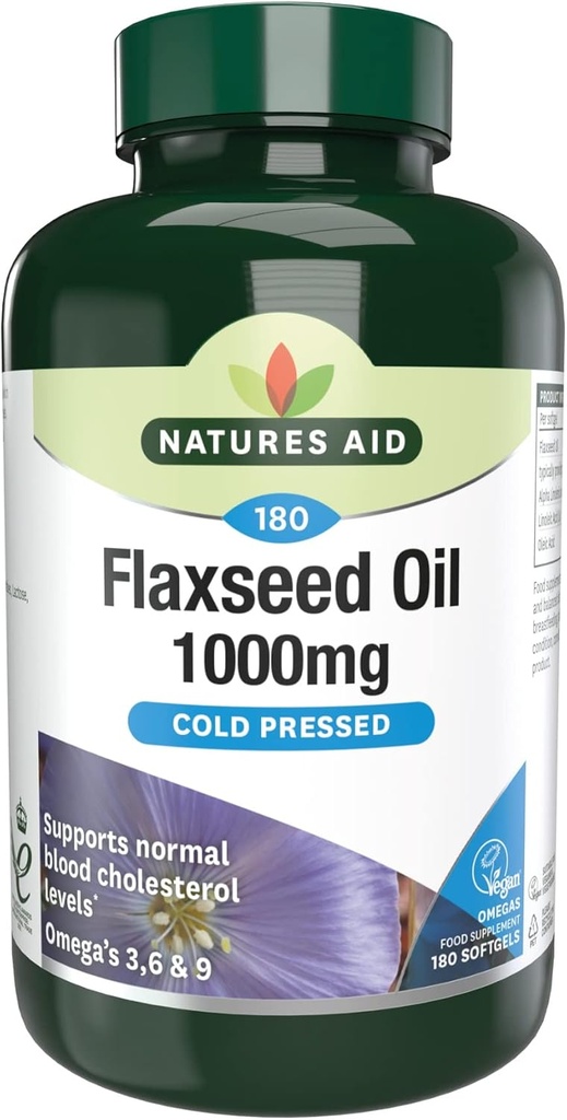 Naturen Hilfe Flaxseed Öl 1000mg kalt gepresst (Omega 3, 6 + 9) 180 Kappen. Geeignet für Vegetarier.