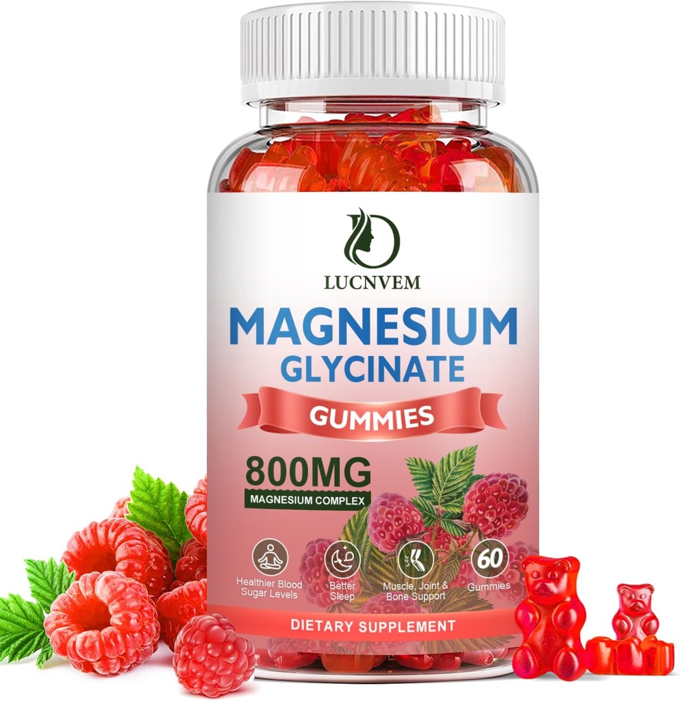 Glycinate de magnésium sans sucre, 500mg Glycinate de magnésium avec 200mg Malate de magnésium, Taurat, Oxyde, COQ10, Vitamine B6 et D3, Sommeil et Soutien Calme, 60 Gommies de framboises
