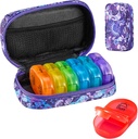 Serfeymi Weekly Travel Pill Organizer 2 Mal A Day AM Upgraded Regenbogen Pille Box 7 Tag mit tragbaren Reißverschluss Canvas Pille Fall, Medizin Organizer für Pillen, Vitamine, Fischöle - Lila 01