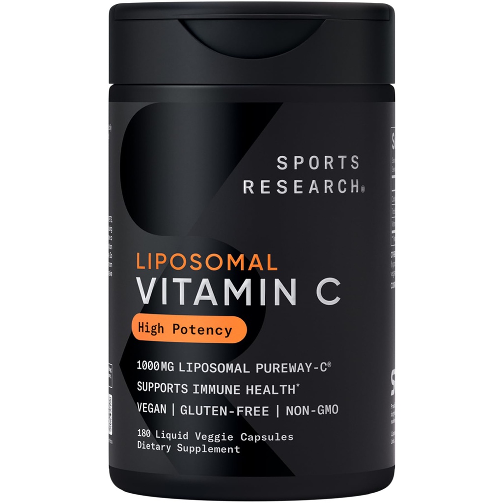 Sportforschung® High Potency Liposomal Vitamin C Supplement 1000 mg – Zertifiziertes Vegan, Non-GMO, Glutenfrei | Antioxidans & Immununterstützung | Ascorbinsäure Vitamin C | 180 Flüssige Veggie Kapseln