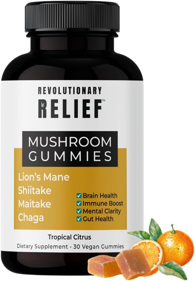 Gommies d'extrait de champignons Adaptogènes 4-1 pour Focus, Clarity & Immune Support・avec Mane, Shiitake, Chaga & Maitake・Vegan・Keto-Amiendly・Tropical Citrus Flavor