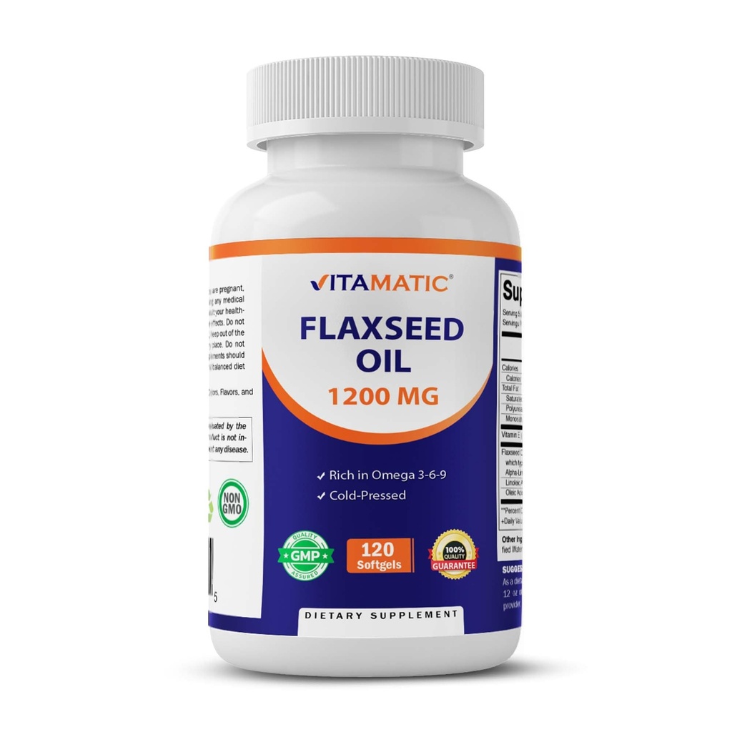 Huile de lin vitamatique 1200 mg – 120 Softgels Huile de lin pressée à froid avec 675 mg ALA Oméga-3 – soutient la santé cardiaque et le bien-être général