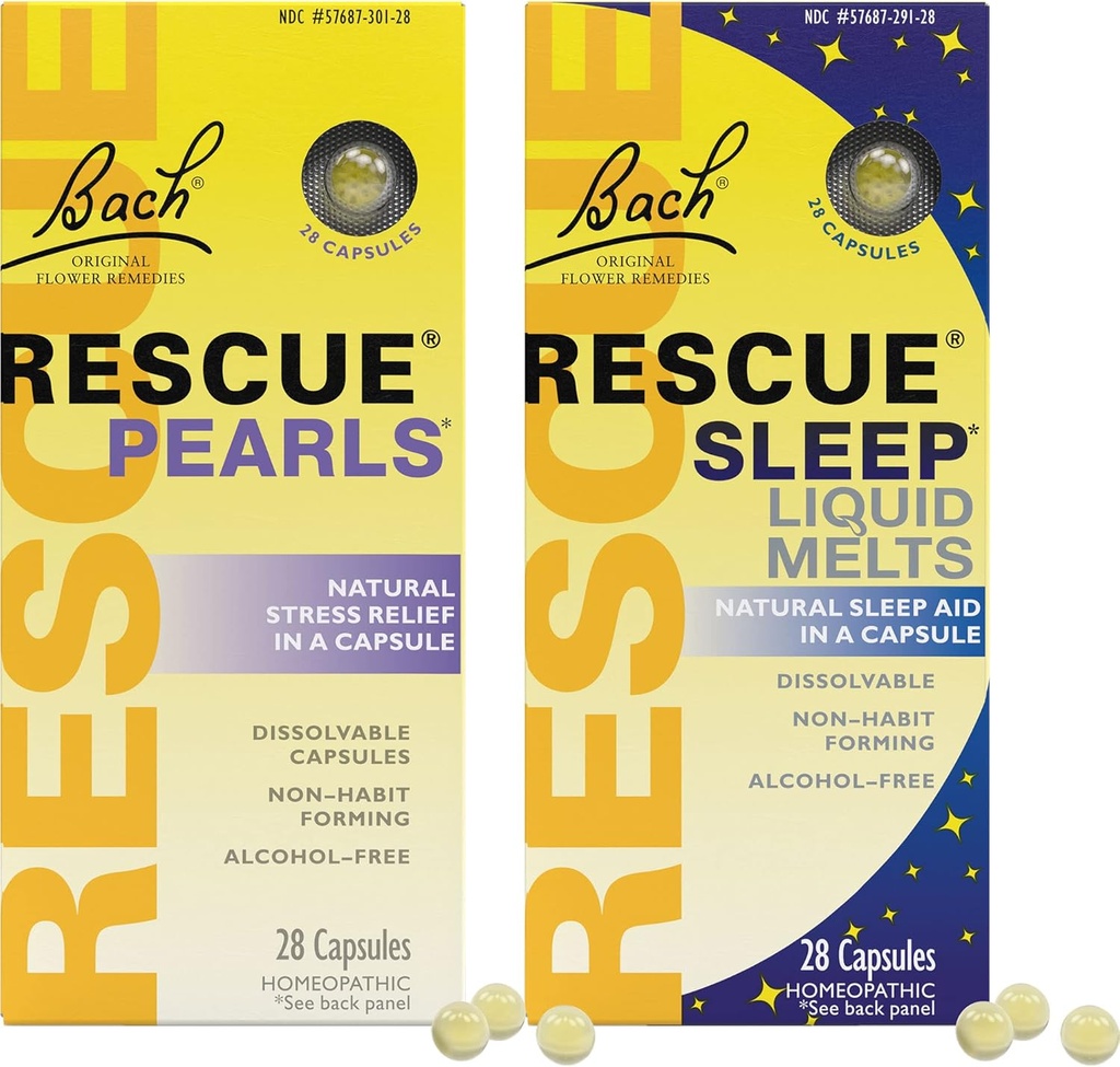 Stress & Sleep Bundle, Bach RESCUE Pearls, Natural Stress Relief [and] RESCUE Sleep Liquid Melts, Natural Sleep Aid - 2-Pk, Homeopathic Flower Essence