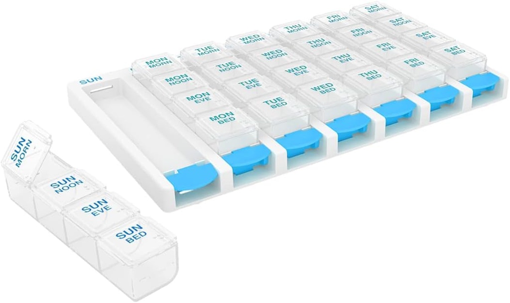EZY DOSE Weekly (7 Tage) 4 Mal pro Tag Push Button Pill Organizer und Vitamin Planner, abnehmbare tägliche Pillboxen, blau, klare Lids, groß, BPA frei