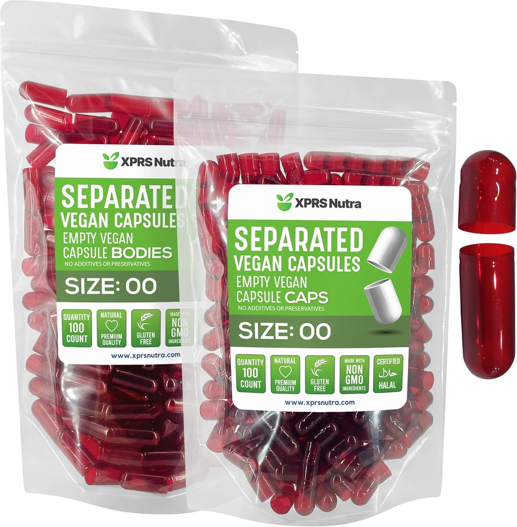 XPRS Nutra Vegan Größe 00 Getrennte Kapseln - 100 Count Premium Leer Kapseln Getrennt in Taschen - 00 Pillen Leer für DIY Ergänzung Füllung (Clear Red)