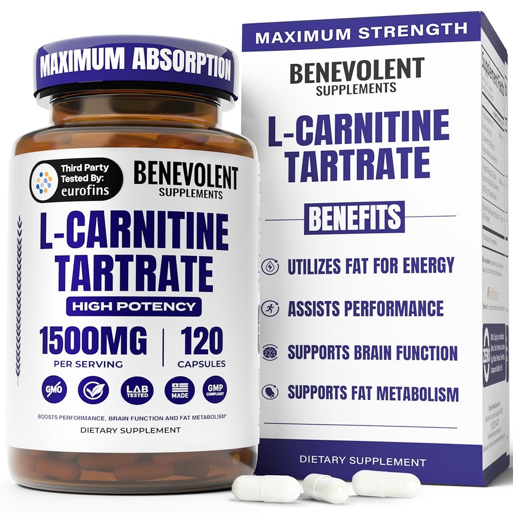 Benevolent L Carnitine Supplement - Hohe Potenz 1500mg L-Carnitin Tartrate - Schnelles Absorbieren, Fett in Energie umwandeln, Lean Muscle unterstützen, Workout Performance & Stoffwechsel steigern – 120 Vegan Kapseln