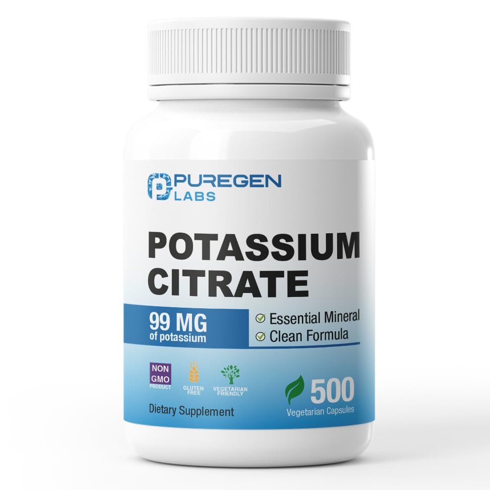 Puregen Labs Kalium-Zitrat 99 mg Elemental Kalium-Ergänzung | Keine schädlichen Zusätze | Non-GMO, Gluten Free | Made in USA - 500 Vegetarische Kapseln