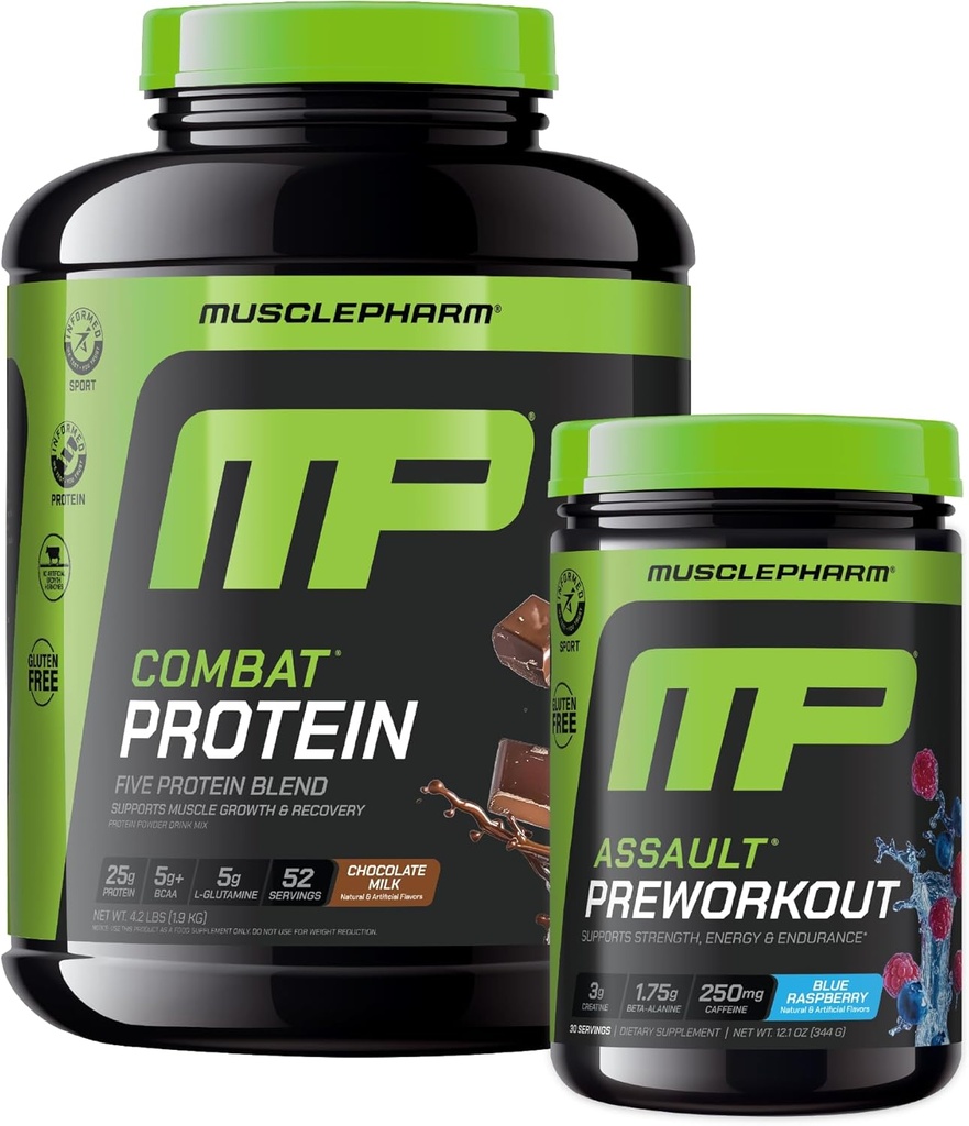 Muscle Pharm Combat 4lb Chocolate Protein und MusclePharm Assault Blue Raspberry PreWorkout