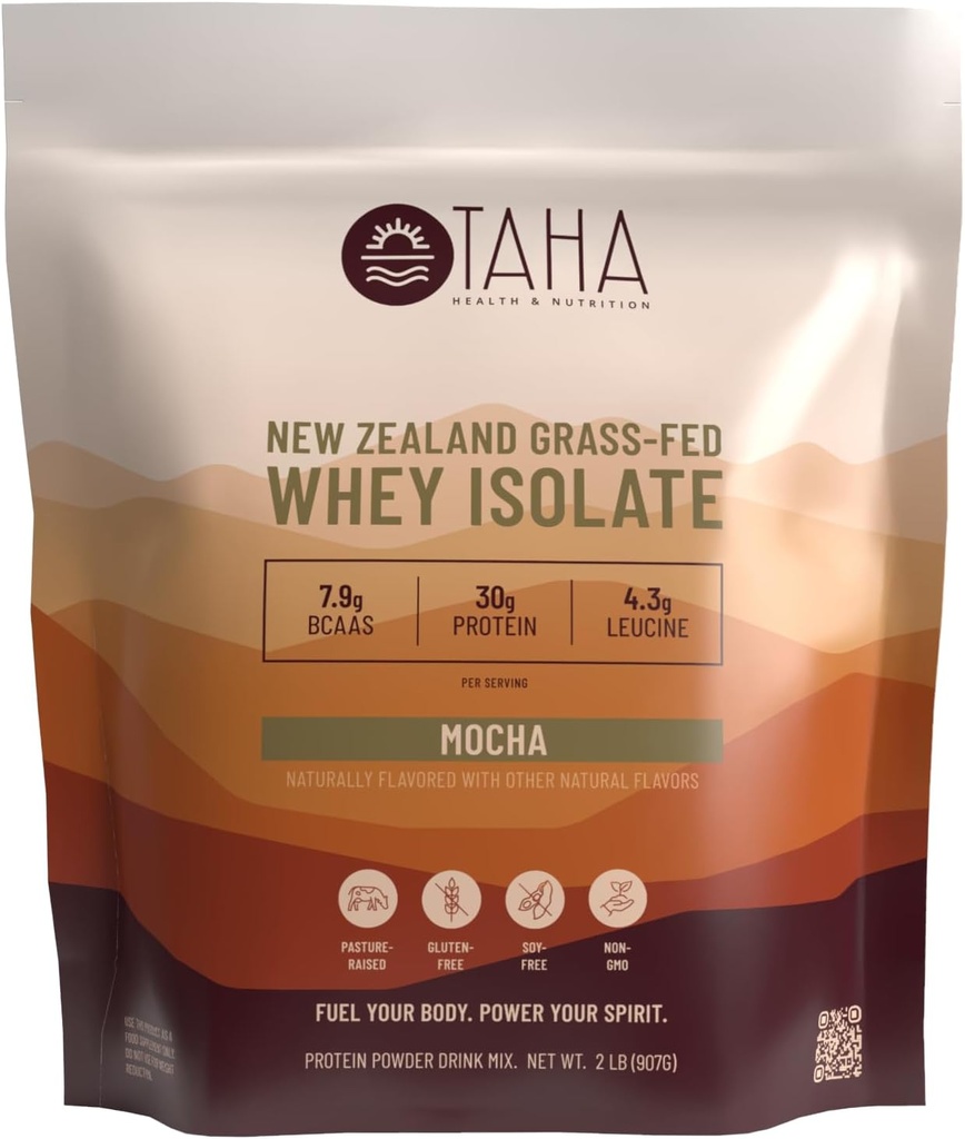 Taha Health & Nutrition Mocha Whey Protein Isolate Powder, 30g Protein, 7.9g BCAAs, 4.3g Leucine | New Zealand Free-Range, Grass-Fed Dairy | Gluten-Free, Keto, Kosher | 2LB, 24 Servings
