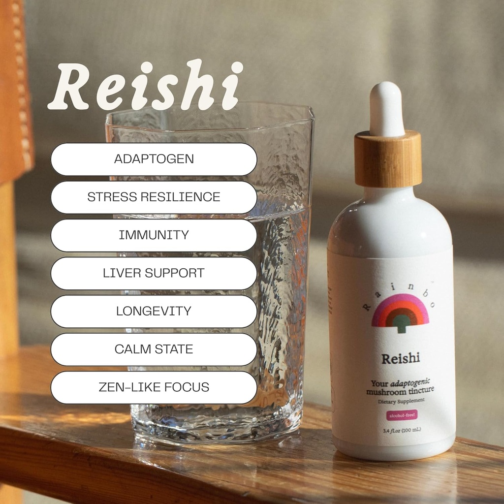 Rainbo - Reishi Mushroom Tincture - Alcohol Free - Dual Extract Mushroom Supplement - Immune Support, Mood, Sleep, Liquid Reishi Supplement, Vegan, Non GMO, 3.4 fl oz