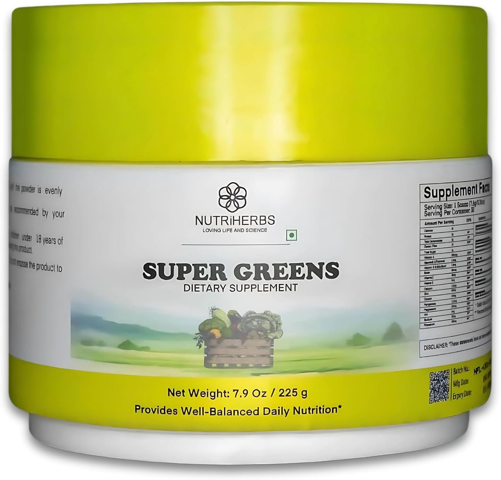 Nutriherbs Super Greens Poudre - 225 g - 33 Fruits, légumes et probiotiques nutritifs pour une énergie, une immunité et une digestion améliorées