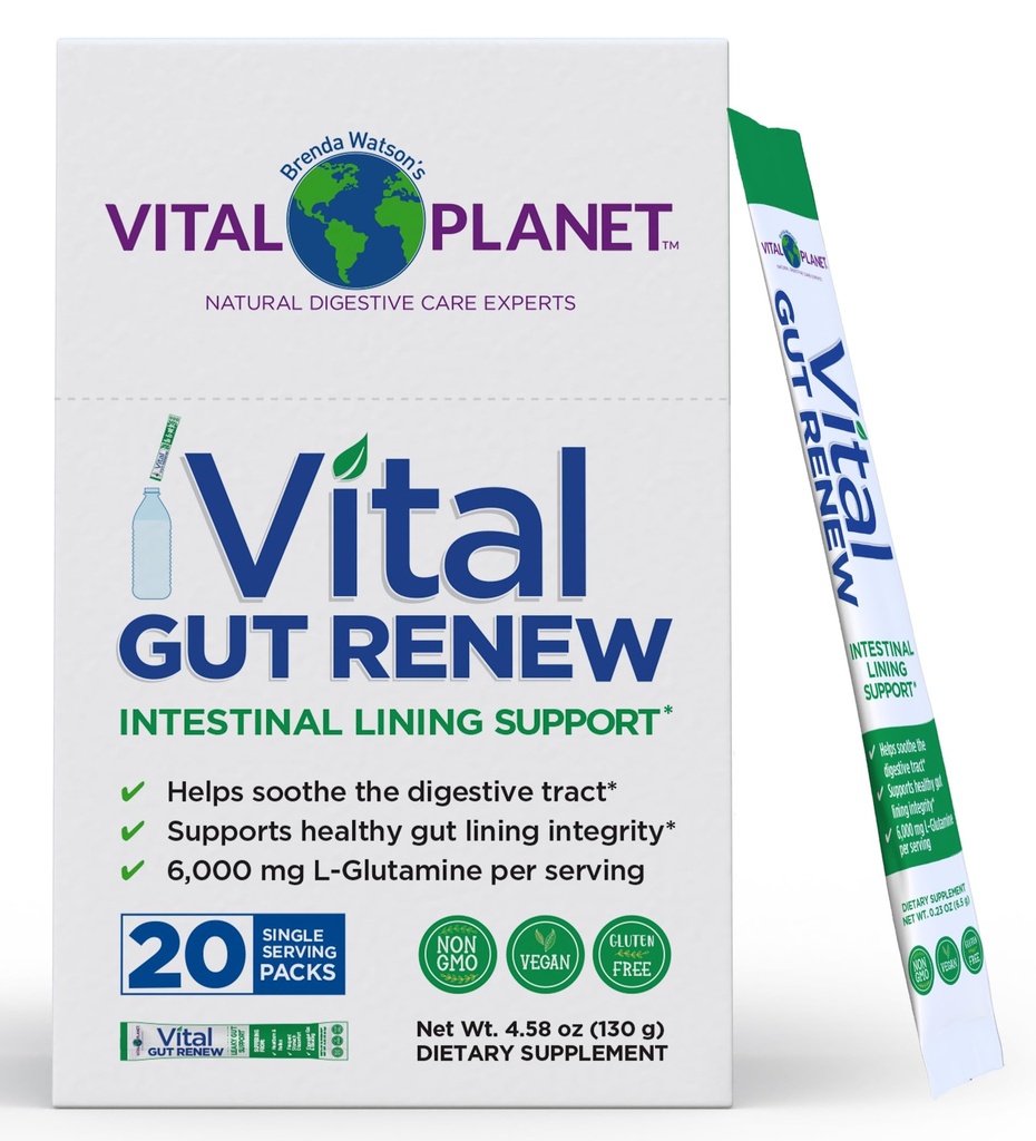 Vital Planet - Vital Gut Renew Poudre Supplément pour la réparation de Gut avec L-Glutamine, Marshmallow et Ginger Root, DGL Racine de réglisse et Aloe Vera biologique, L Glutamine 6000mg, 20 packs de service unique