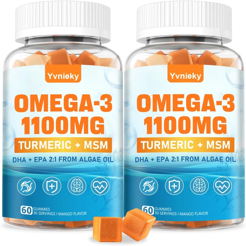 Vegan Omega 3 Zusatzgummis 1100m für Erwachsene - DHA 680mg & EPA 340mg mit Kurkuma, MSM, Vitamin C, E, D3, Zink - Algen Fish Oil Alternative