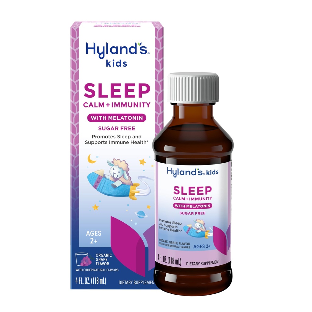 Les enfants de Hyland dorment calme et immunitaire avec la mélatonine, sans sucre aide au sommeil liquide avec le magnésium, la vitamine D, le zinc et la mûre aînée, favorise le sommeil et soutient la santé immunitaire, les 2 ans et plus, le parfum de raisin, 4 Fl. Oz.