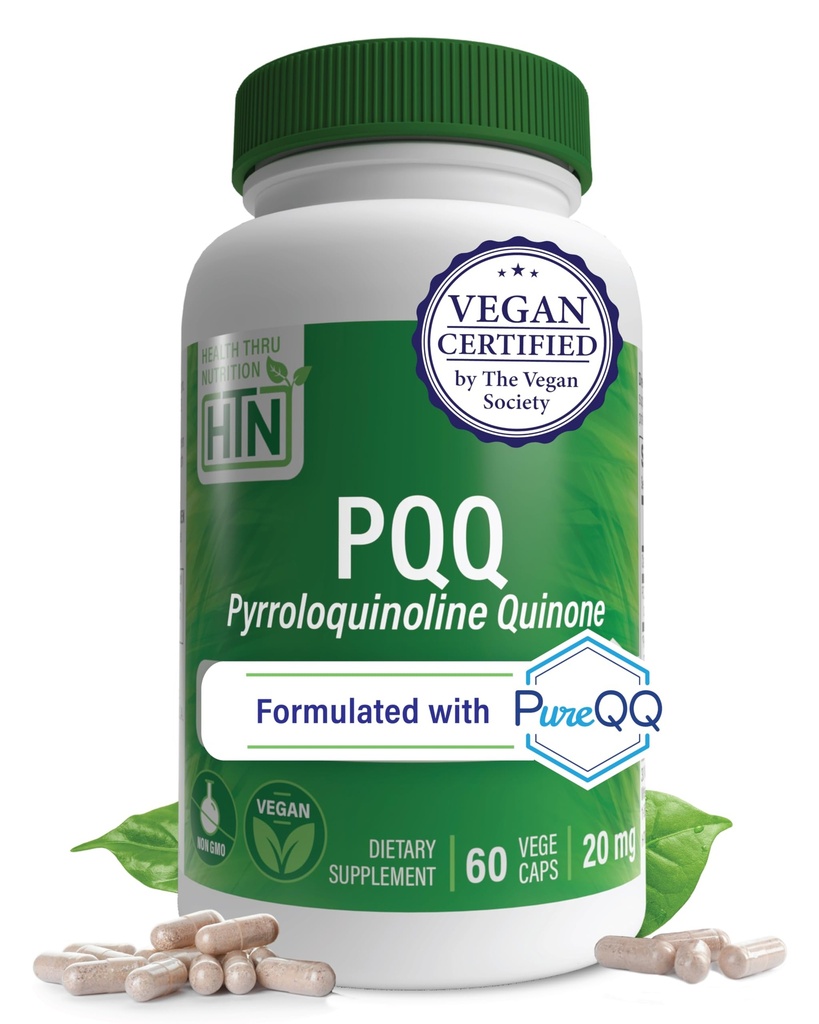 Gesundheit Thru Nutrition PQQ 20mg 60 Serviers Pyrroloquinolin Quinone als PureQQ | Fördert Mitochondriale Biogenesis | Certified Vegan | Non-GMO Gluten Soy freie Kapseln| Clean Label PQQ Ergänzung
