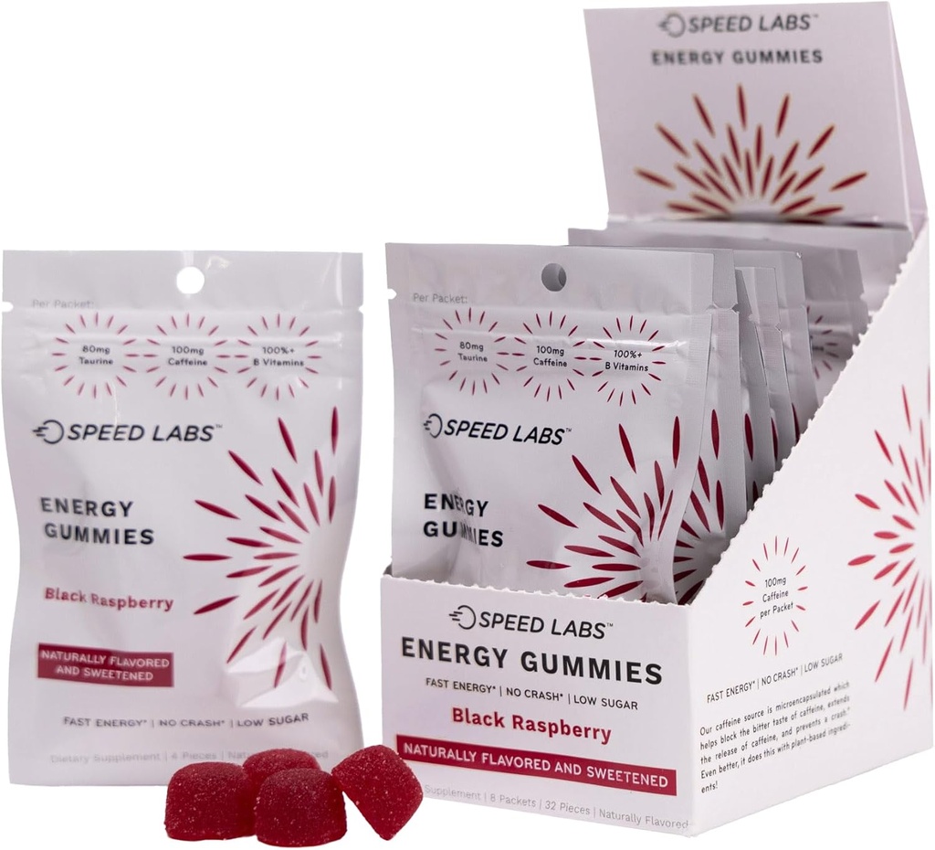 Speed Labs Koffein Energie Gummi Schwarz Himbeer Natürlich, 25mg Koffein, Taurine, B-Vitamine pro Stück, 32 Stück (8 Stück) Vegan, Glutenfrei, 1g Hinzugefügt Zucker