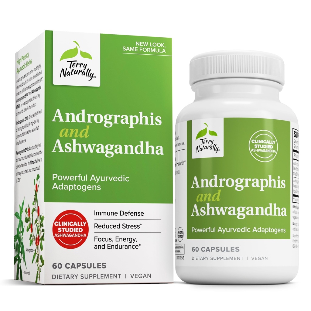 Terry naturellement Andrographis et Ashwagandha - Supplément de support du système immunitaire - Soutien Énergie et réponse au stress sain - Supplément de support énergétique - 60 capsules (60 portions)