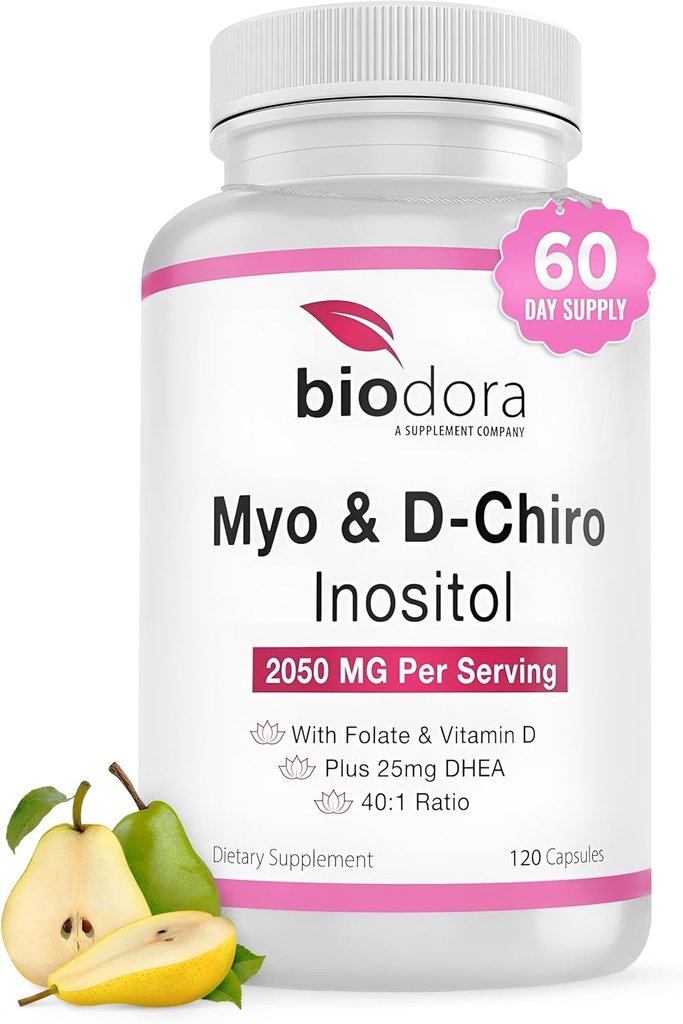 Myo& D-Chiro Inositol Supplement, mit Folat und Vitamin D, 40 bis 1 Ratio, Inklusive DHEA, Hilft in Hormon Balance, Ovarian Funktion, 2050mg pro Servieren, 120 Kapseln