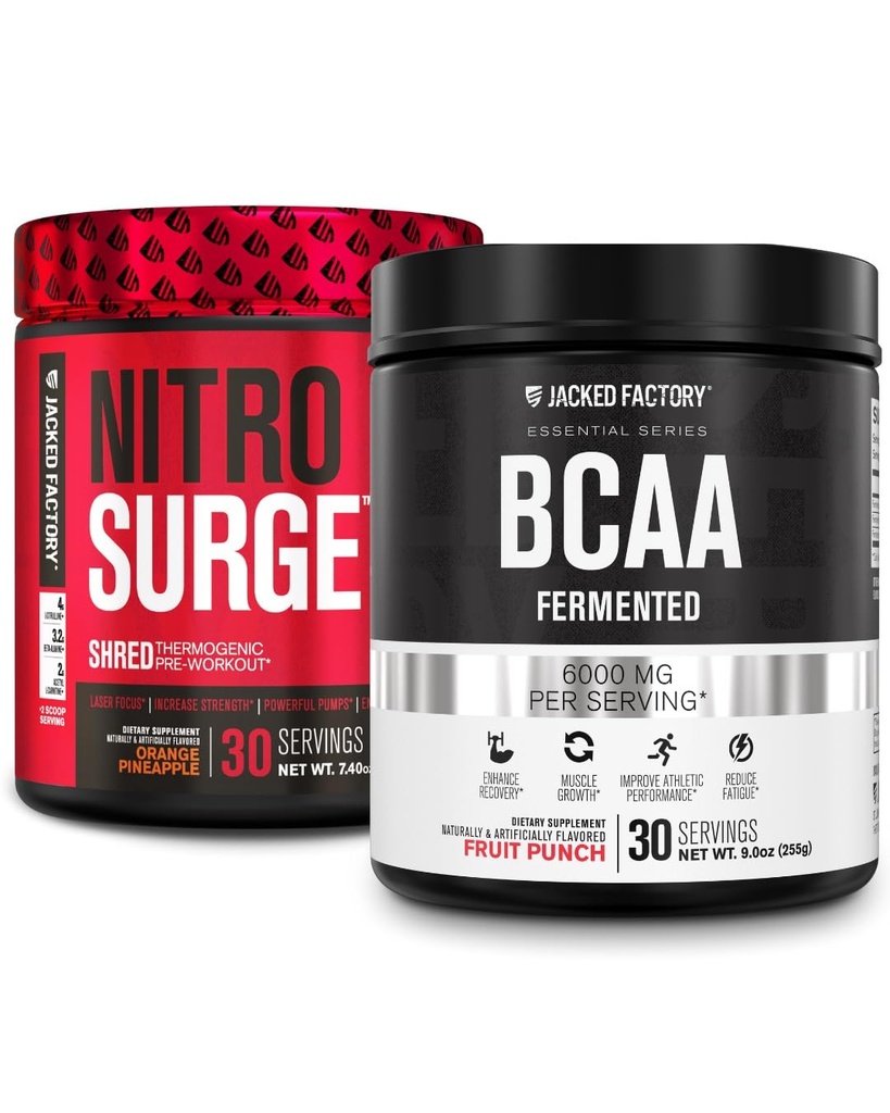 Jacked Factory Nitrosurge Shred Thermogenic PreWorkout in Orange Ananas & BCAA in Fruit Punch für Body Recomposition, Muskelaufbau und Erholung