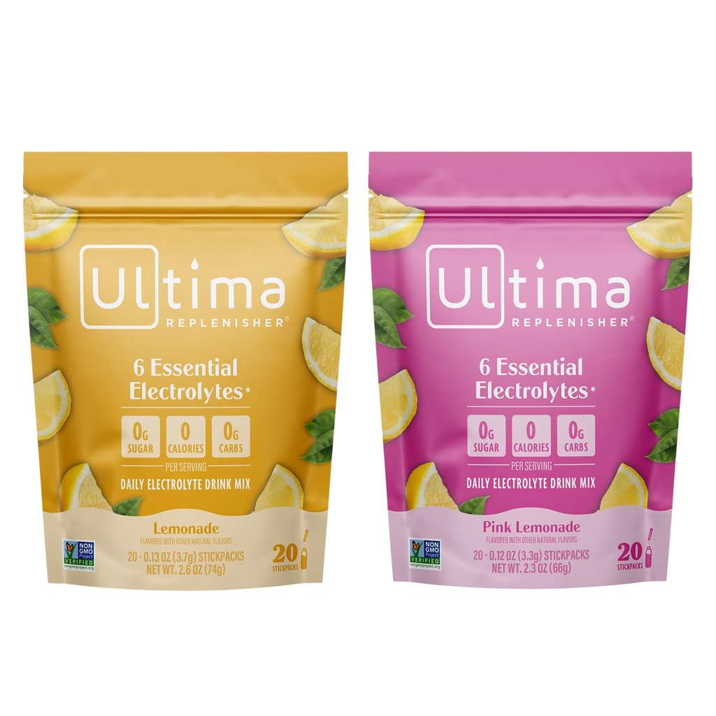 Ultima Replenisher Electrolyte Powder Drink Mix Bundle – Sugar Free – Lemonade und Pink Lemonade, 20 Stickpacks – 6 Elektrolyte und Mineralien – Keto Friendly, Vegan, Non-GMO