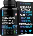Brain Ergänzungen für Gedächtnis und Fokus - Ashwagandha, L Theanin, Rhodiola Extrakt, GABA, 5HTP - Nootropic, Mood Support & Cortisol Supplement - Magnesiumoxid, Mucuna Pruriens - 60 Kapseln