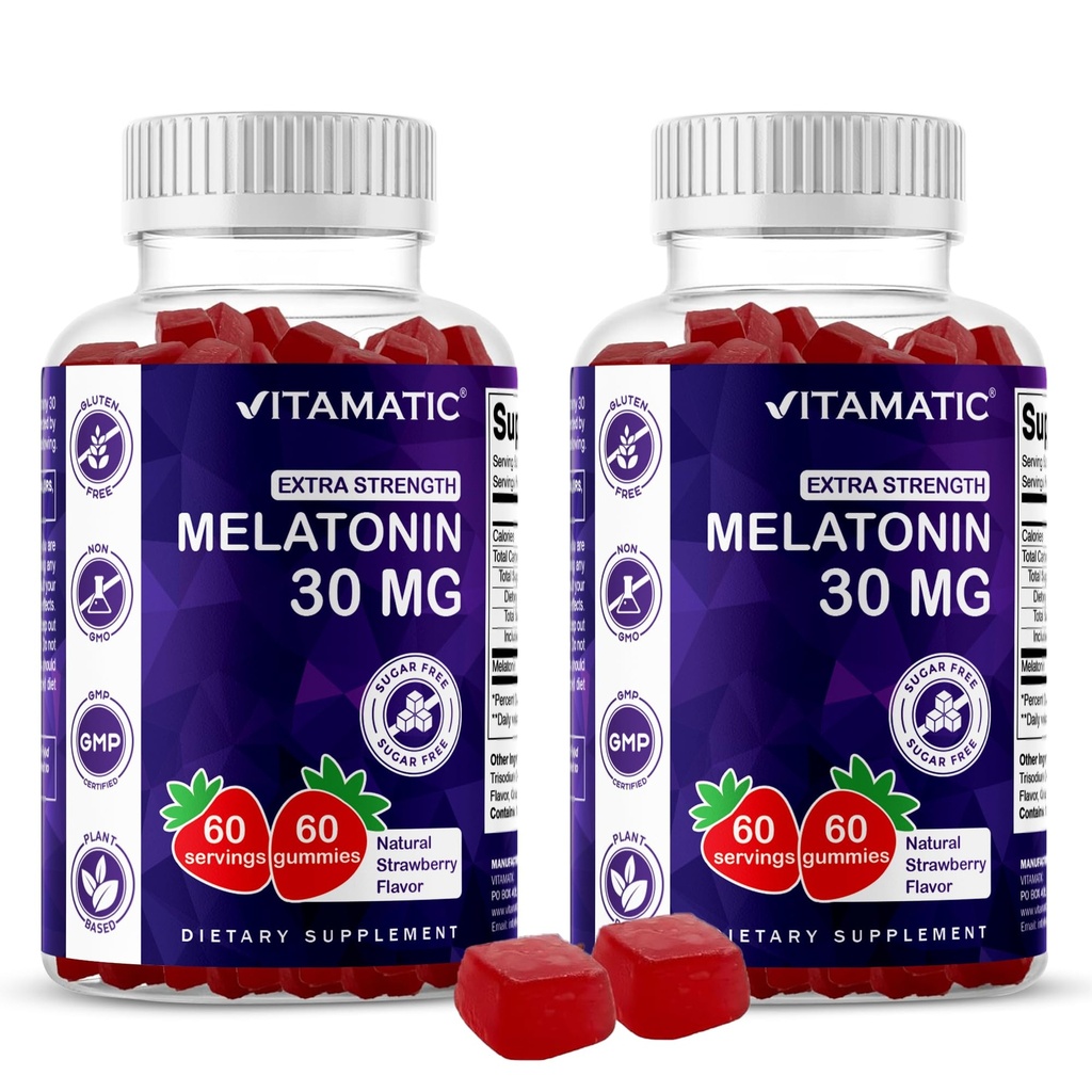 Mélatonine sans sucre vitamatique 30mg par gummy - 60 portions - 60 gummées végétariennes - Supplément de formation non-habitant (60 comtes (paquet de 2))
