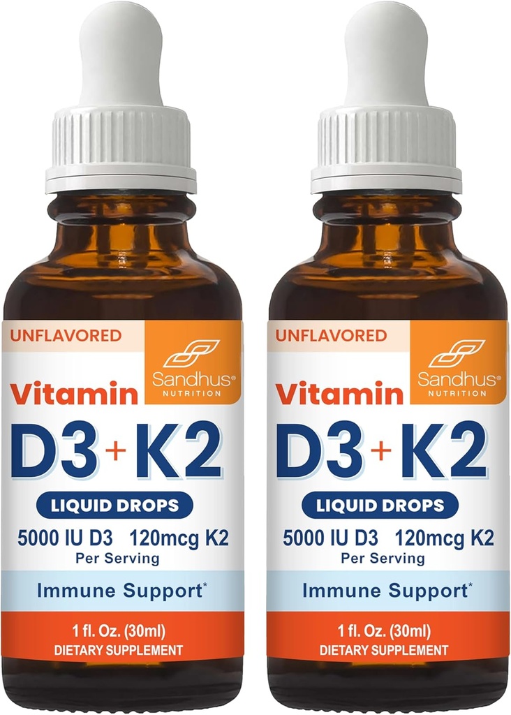 Sandhu's Vitamin D3 K2 Tropfen für Erwachsene | 5000 IU D3 Flüssigkeit, 120mcg K2 Beilage 1 Fl Oz (Pack von 2) | D3K2 unterstützt Überlegene Absorption, Energie, Immune, Muskelgesundheit für Männer und Frauen