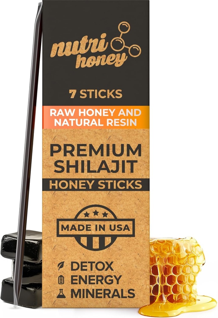 NATURAL SHILAJIT Honey Sticks - Shilajit Resin mit Roh Honey, Fulvic Acid & Trace Minerals, Pflanzenbasierte Nährstoffe für Energie, Immununterstützung & Vitalität - 7 Shilajit Sticks