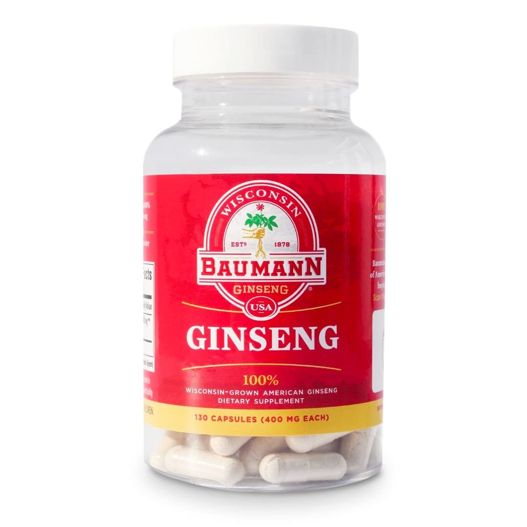 Baumann Wisconsin Ginseng Capsules 130 Pills 400 mg – Pure American Ginseng Root Extract Powder in Chaque Pill - Supplément Ginseng Panax 100% naturel pour le soutien immunitaire, la focalisation et l'énergie