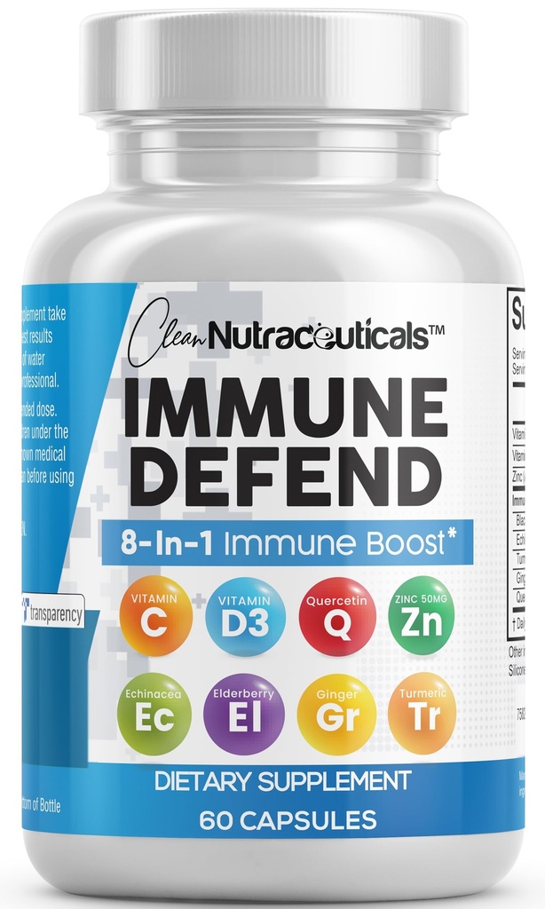 Clean Nutraceuticals Immun Defense Support Supplement 8 in 1 mit Zink 50mg Quercetin, VIT C 1000mg, Vitamin D3 5000 IU, Elderberry, Ginger - Immunsystem Booster für Erwachsene, Vegan - 60 Count