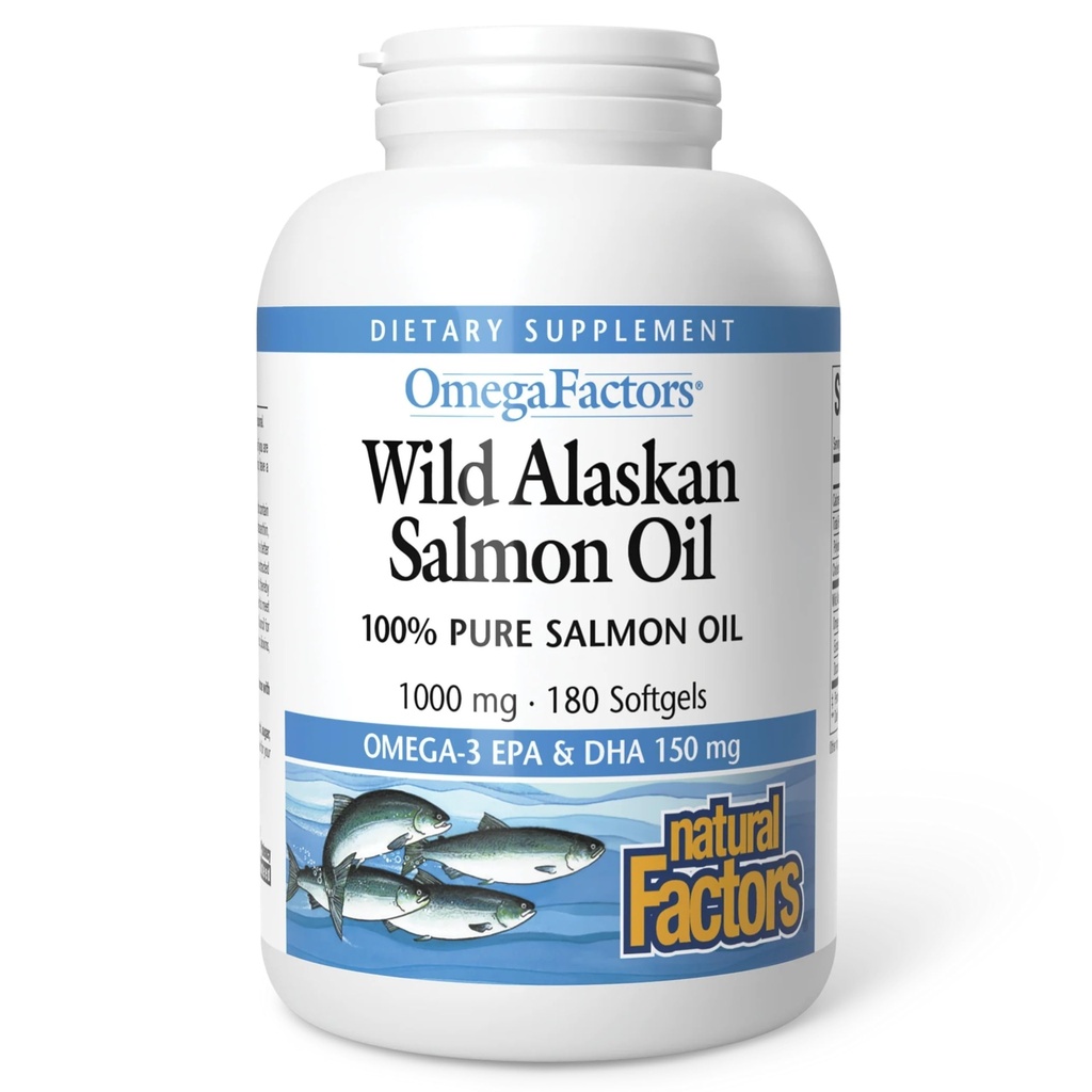 Natürliche Faktoren Wild Alaskan Lachsöl liefert Omega-3, EPA, DHA & Vitamin D, unterstützt Gehirn & Herzgesundheit, 180 Softgels