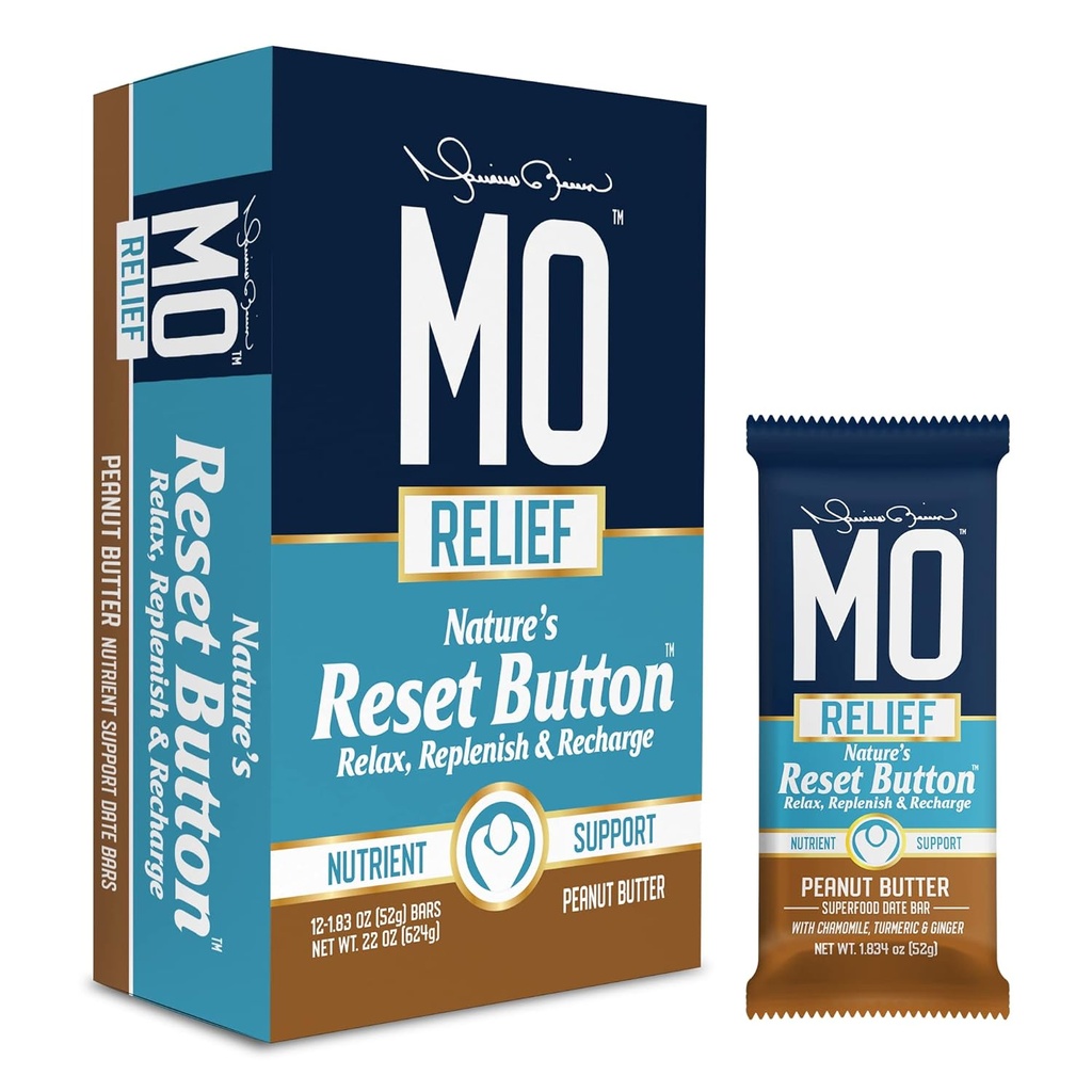 "MO RELIEF" BARS – All-Natural Superfood Snack Bar - Erholung Snack Bars – Nach Workout Nährstoffunterstützung mit Dates, Kamille, Turmeric, & Ginger - (12 Bars in einer Box)(Peanut Butter)