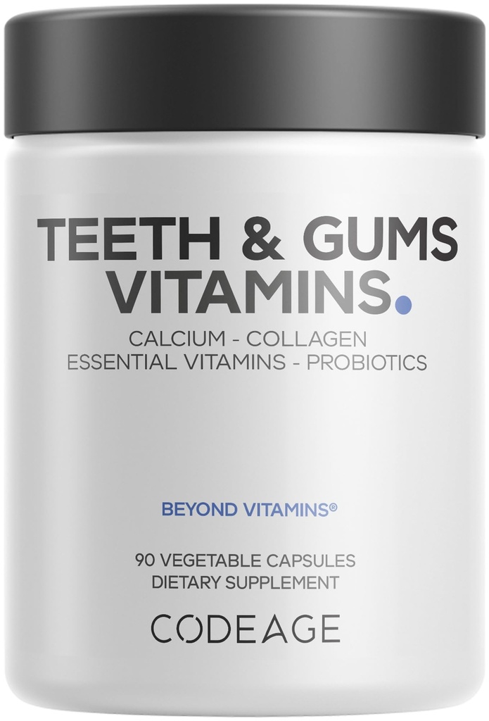 Codeage Zähne & Zahnfleisch Vitamine + Mund Probiotika Ergänzung für Mund - Ganzes Essen Kalzium, Collagen, Kalium, Vitamin C, D3, K2, Zink – Mundpflege & Zahn Multivitamin Ergänzungen - 90 Kapseln