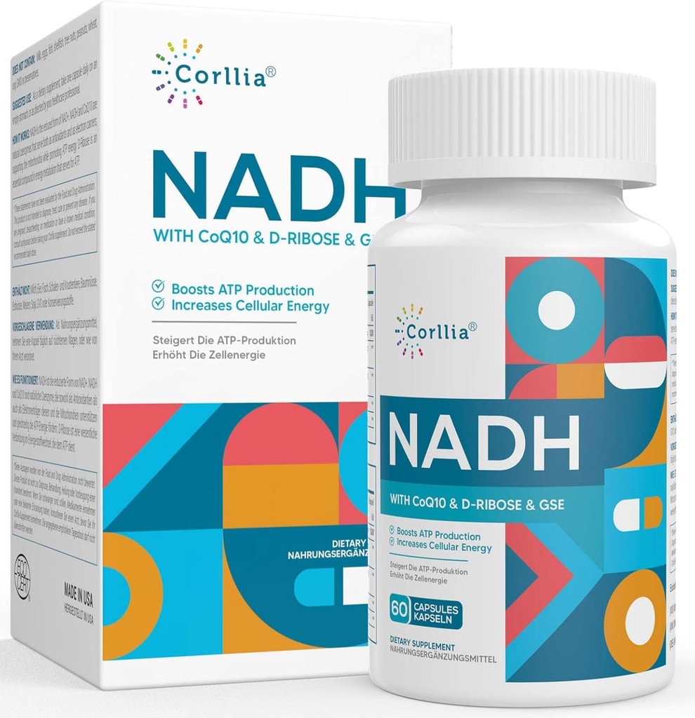 NADH + CoQ10 + D-Ribose Ergänzung, Enhance NAD+ Ergänzung für Energie, Fett, 60 Kapseln