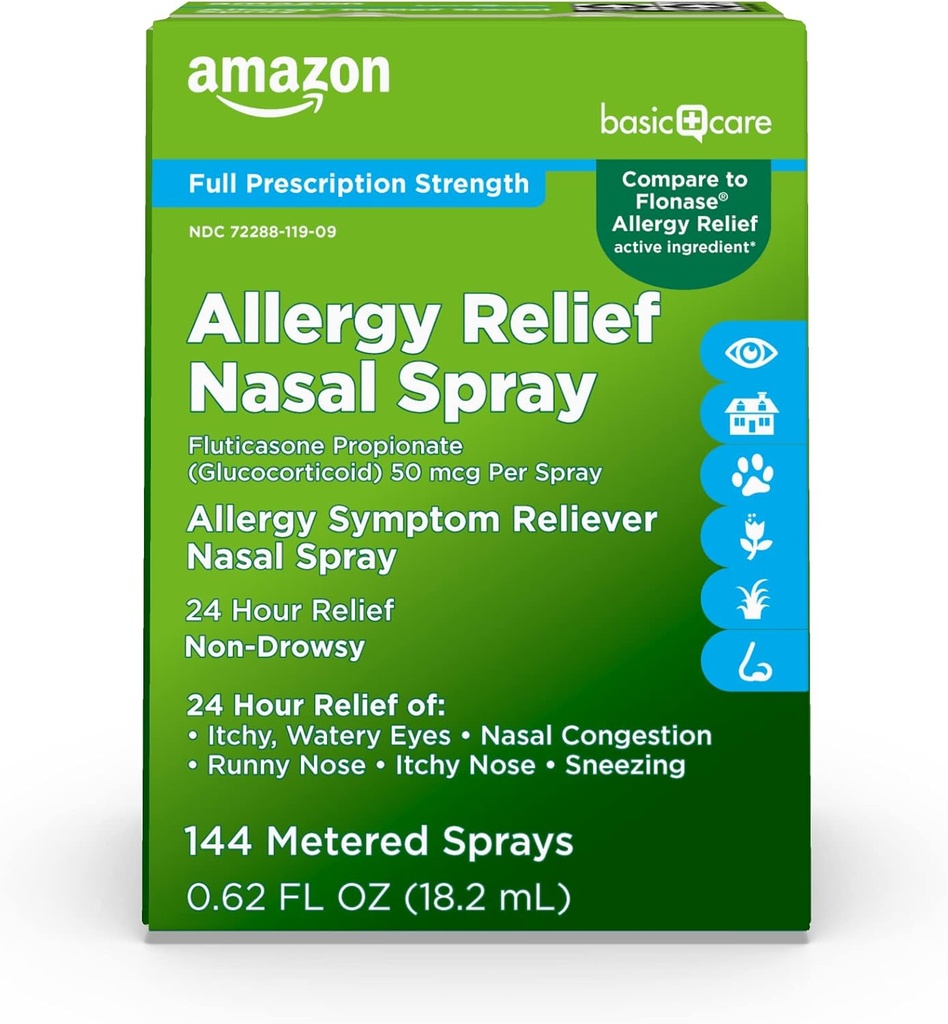 Basic Care 24-Hour Allergy Relief Nasenspray, Fluticasone Propionate (Glucocorticoid), 50 mcg, Volle Rezeptstärke, Nicht-Drowsy, 0.62 fl oz (Pack von 1)