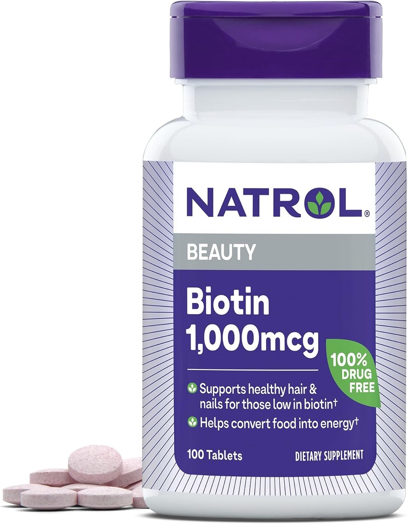 Natrol Beauty Biotin 1000mcg, Nahrungsergänzung für gesundes Haar, Haut, Nägel und Energie Stoffwechsel, 100 Tabletten, 100 Tage Versorgung (Pack von 12)